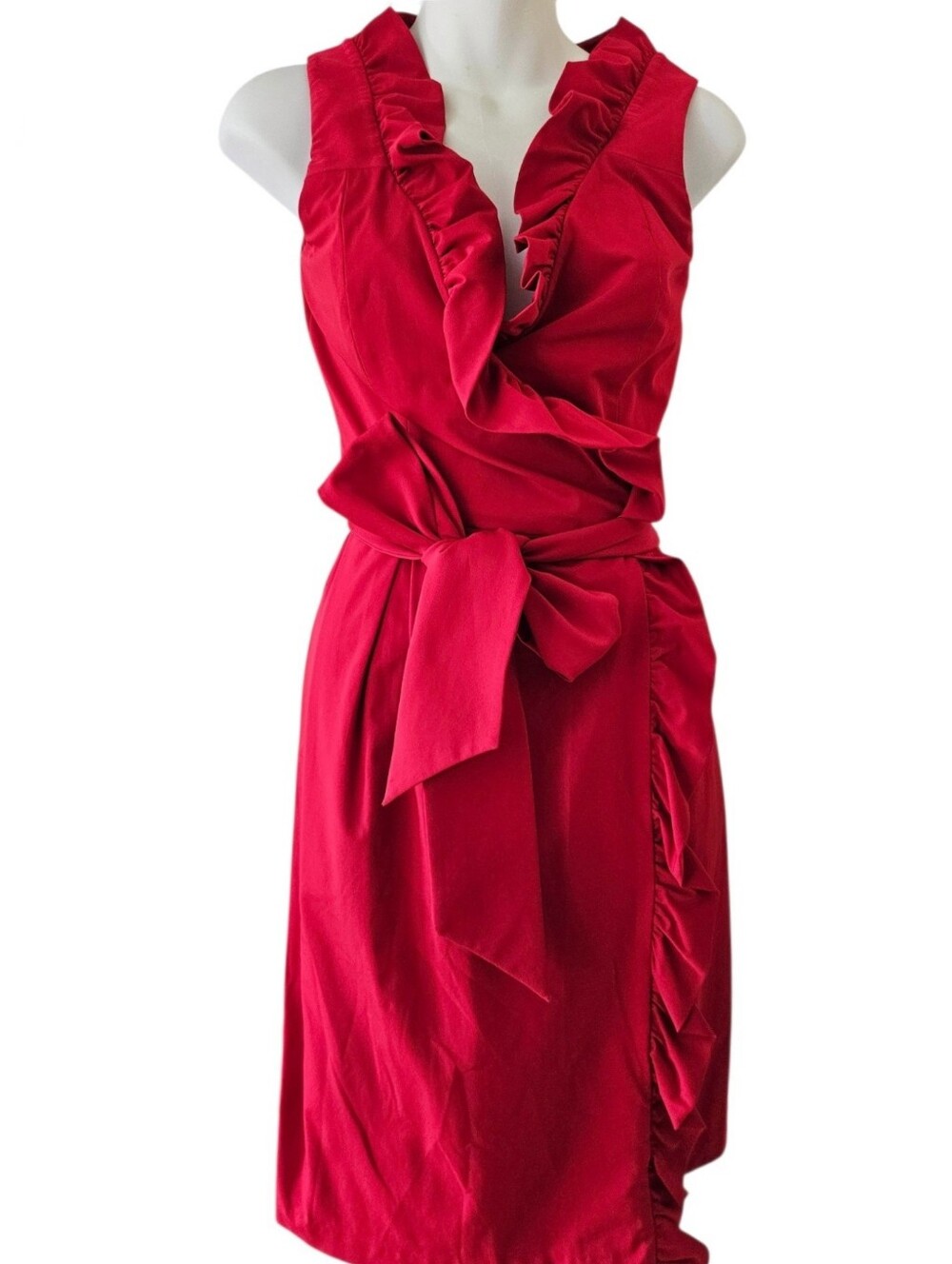 DVF Diane Von Furtsenberg Red ruffle front Wrap Dress Sleeveless Pockets Sz.0
